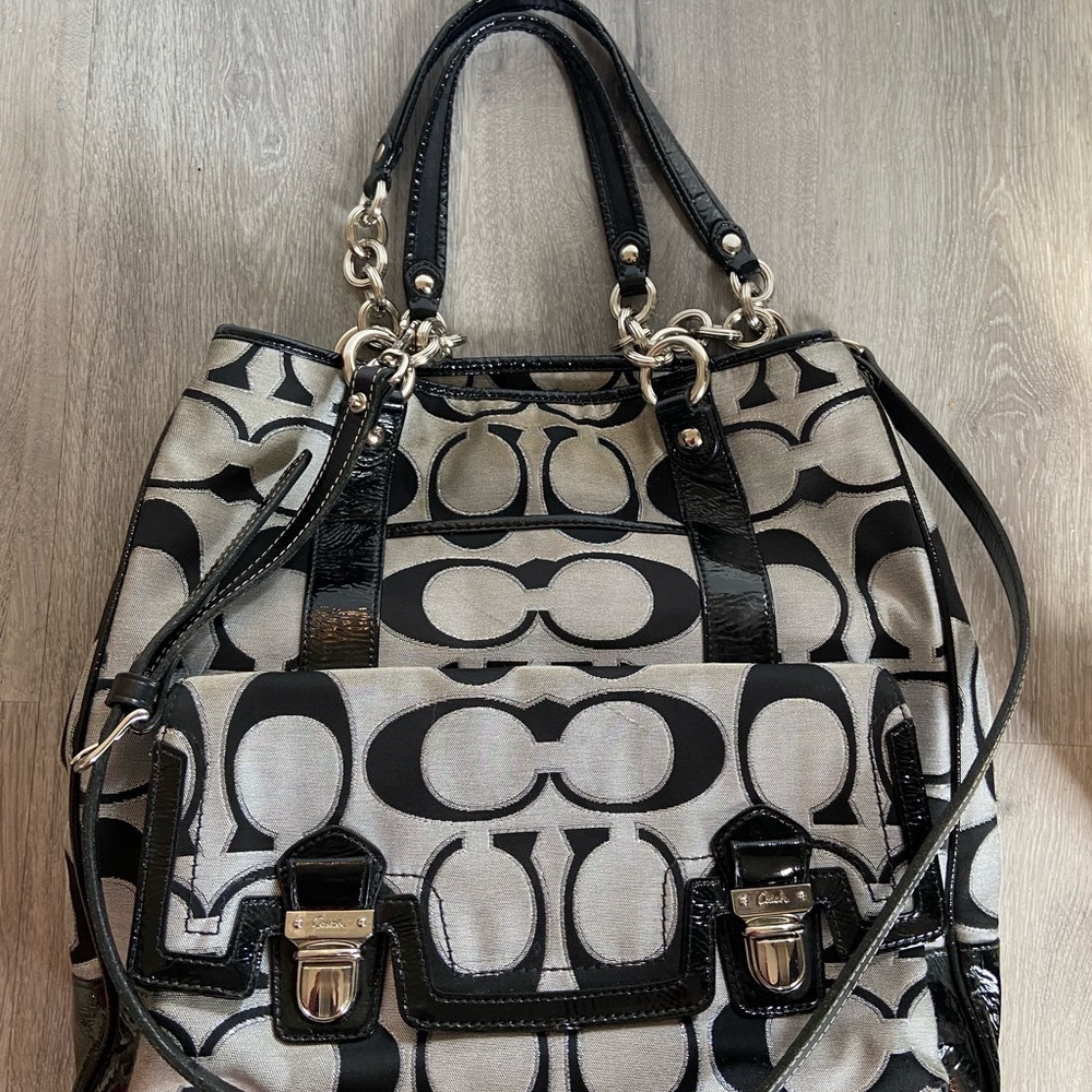 Black Patent & Grey Coach Crossbody Tote